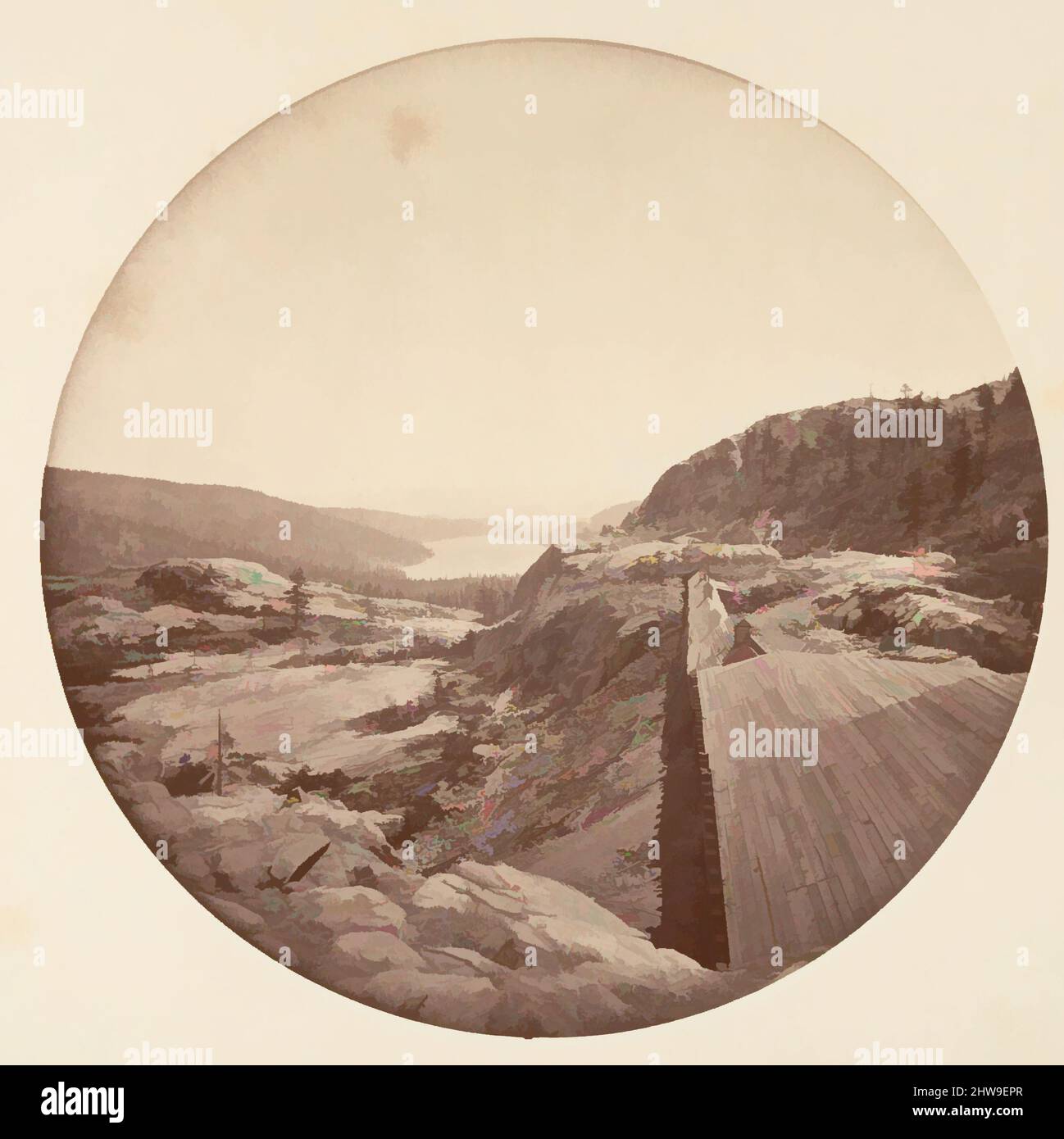 Arte ispirata al Parco Nazionale di Yosemite, California, ca. 1878, stampa in argento albume da vetro negativo, immagine: 12,5 x 12,5 cm (4 15/16 x 4 15/16 poll.), circolare, fotografie, Carleton E. Watkins (americano, 1829–1916), questo album senza titolo eccezionalmente raro presenta settantatre opere classiche modernizzate da Artotop con un tuffo di modernità. Forme, colore e valore, impatto visivo accattivante sulle emozioni artistiche attraverso la libertà delle opere d'arte in modo contemporaneo. Un messaggio senza tempo che persegue una nuova direzione selvaggiamente creativa. Artisti che si rivolgono al supporto digitale e creano l'NFT Artotop Foto Stock