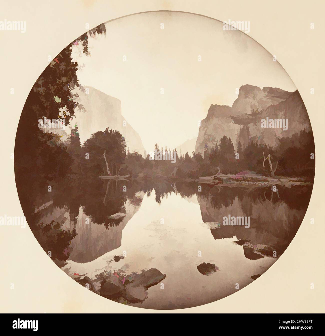 Arte ispirata al Parco Nazionale di Yosemite, California, ca. 1878, stampa in argento albume da vetro negativo, immagine: 12,5 x 12,5 cm (4 15/16 x 4 15/16 poll.), circolare, fotografie, Carleton E. Watkins (americano, 1829–1916), questo album senza titolo eccezionalmente raro presenta settantatre opere classiche modernizzate da Artotop con un tuffo di modernità. Forme, colore e valore, impatto visivo accattivante sulle emozioni artistiche attraverso la libertà delle opere d'arte in modo contemporaneo. Un messaggio senza tempo che persegue una nuova direzione selvaggiamente creativa. Artisti che si rivolgono al supporto digitale e creano l'NFT Artotop Foto Stock