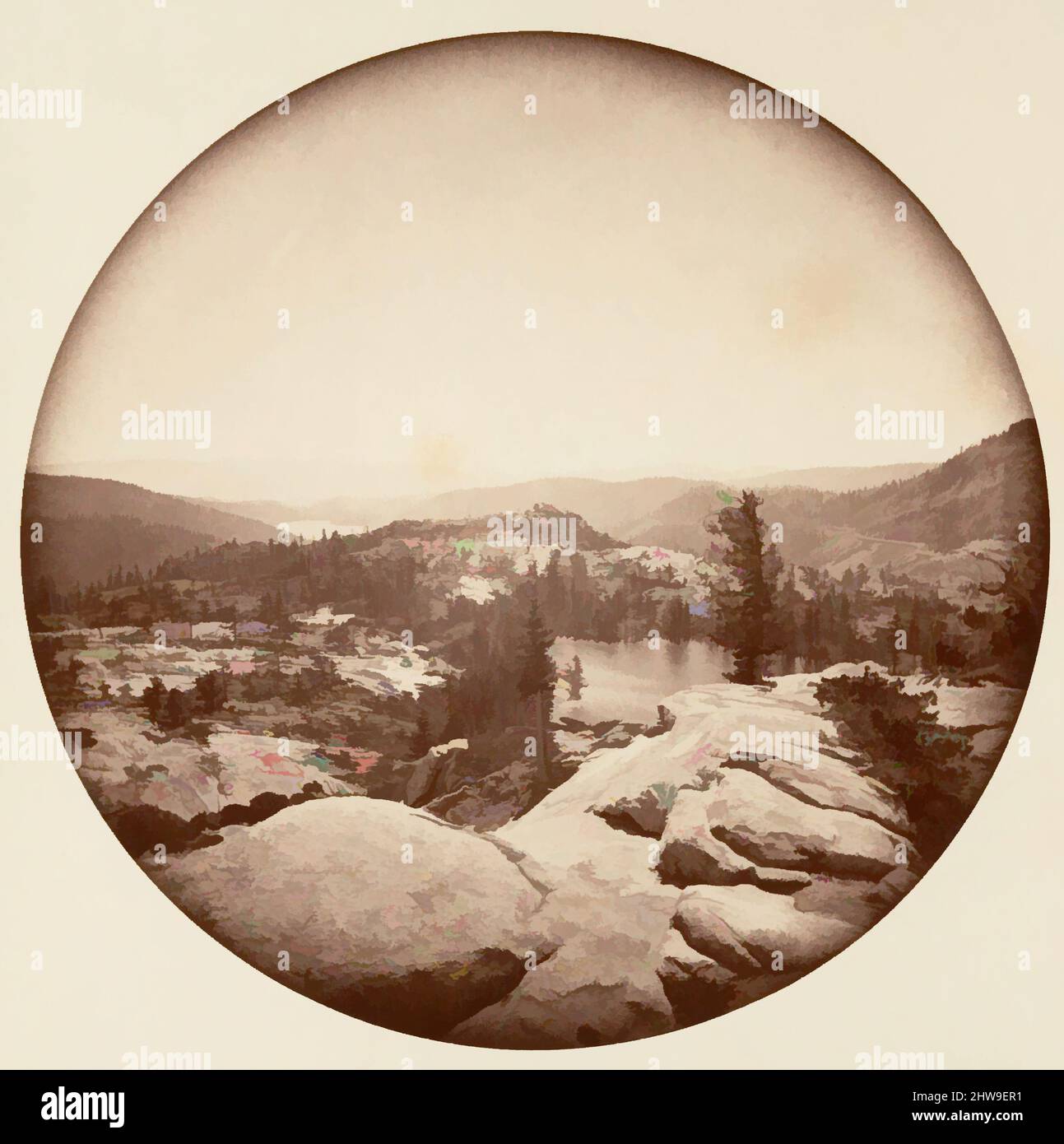 Arte ispirata al Parco Nazionale di Yosemite, California, ca. 1878, stampa in argento albume da vetro negativo, immagine: 12,5 x 12,5 cm (4 15/16 x 4 15/16 poll.), circolare, fotografie, Carleton E. Watkins (americano, 1829–1916), questo album senza titolo eccezionalmente raro presenta settantatre opere classiche modernizzate da Artotop con un tuffo di modernità. Forme, colore e valore, impatto visivo accattivante sulle emozioni artistiche attraverso la libertà delle opere d'arte in modo contemporaneo. Un messaggio senza tempo che persegue una nuova direzione selvaggiamente creativa. Artisti che si rivolgono al supporto digitale e creano l'NFT Artotop Foto Stock