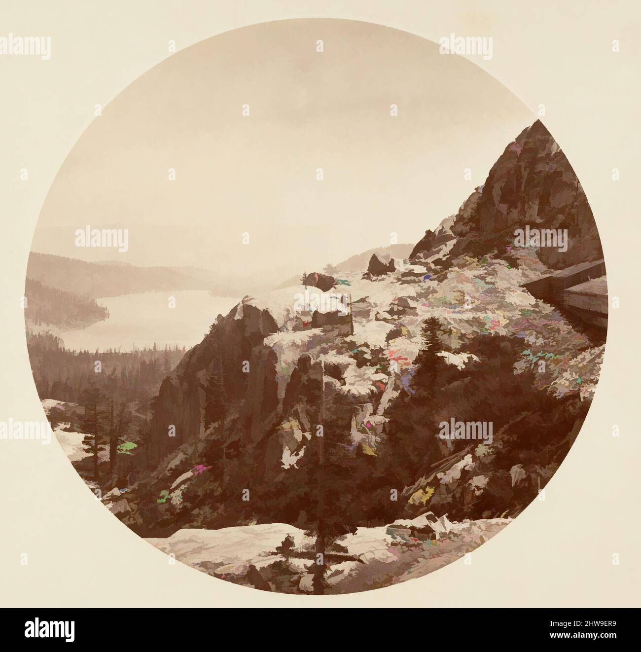 Arte ispirata al lago Donner. C. P. R. R, CA. 1878, stampa in argento albume da vetro negativo, immagine: 12,5 x 12,5 cm (4 15/16 x 4 15/16 poll.), circolare, fotografie, Carleton E. Watkins (americano, 1829–1916), questo album senza titolo eccezionalmente raro presenta settantatre in formato circolare, opere classiche modernizzate da Artotop con un tuffo di modernità. Forme, colore e valore, impatto visivo accattivante sulle emozioni artistiche attraverso la libertà delle opere d'arte in modo contemporaneo. Un messaggio senza tempo che persegue una nuova direzione selvaggiamente creativa. Artisti che si rivolgono al supporto digitale e creano l'NFT Artotop Foto Stock