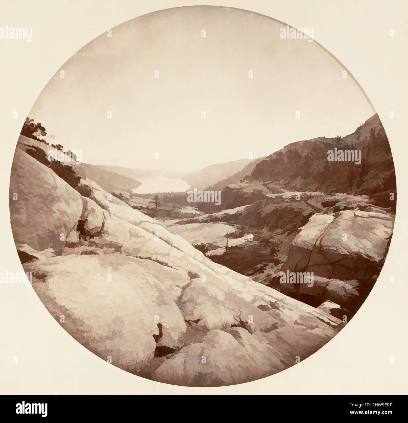 Arte ispirata al Parco Nazionale di Yosemite, California, ca. 1878, stampa in argento albume da vetro negativo, immagine: 12,5 x 12,5 cm (4 15/16 x 4 15/16 poll.), circolare, fotografie, Carleton E. Watkins (americano, 1829–1916), questo album senza titolo eccezionalmente raro presenta settantatre opere classiche modernizzate da Artotop con un tuffo di modernità. Forme, colore e valore, impatto visivo accattivante sulle emozioni artistiche attraverso la libertà delle opere d'arte in modo contemporaneo. Un messaggio senza tempo che persegue una nuova direzione selvaggiamente creativa. Artisti che si rivolgono al supporto digitale e creano l'NFT Artotop Foto Stock