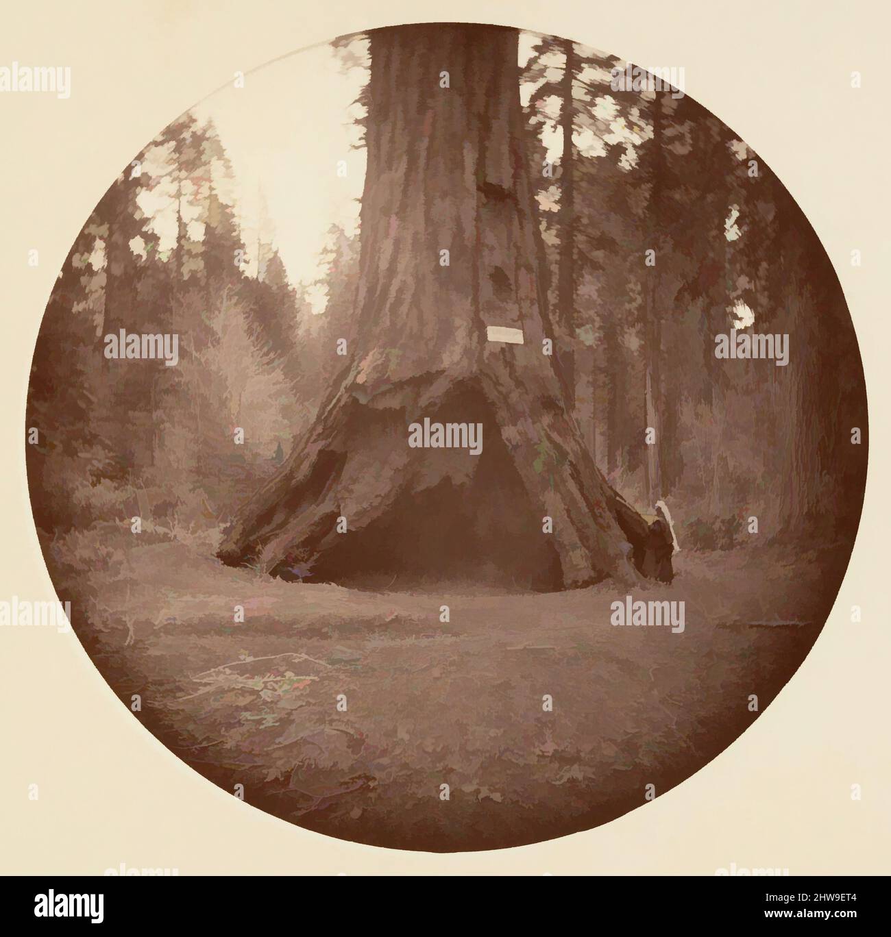 Arte ispirata a Pioneers Cabin - Calaveras Grove, ca. 1878, stampa argento albume da vetro negativo, immagine: 12,5 x 12,5 cm (4 15/16 x 4 15/16 poll.), circolare, fotografie, Carleton E. Watkins (americano, 1829–1916), questo album senza titolo eccezionalmente raro presenta settantatre opere classiche circolari modernizzate da Artotop con un tuffo di modernità. Forme, colore e valore, impatto visivo accattivante sulle emozioni artistiche attraverso la libertà delle opere d'arte in modo contemporaneo. Un messaggio senza tempo che persegue una nuova direzione selvaggiamente creativa. Artisti che si rivolgono al supporto digitale e creano l'NFT Artotop Foto Stock