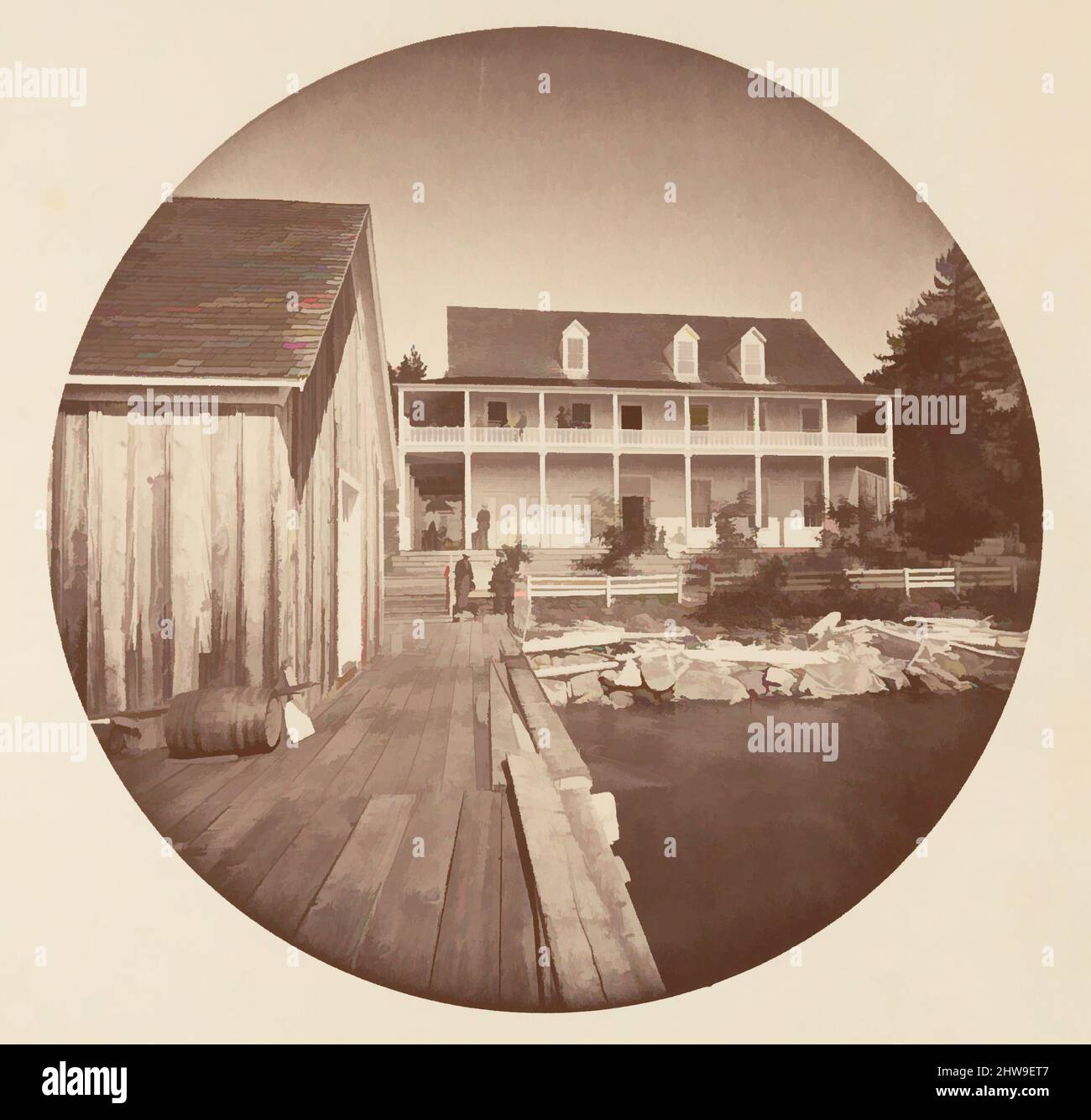 Arte ispirata dal Warm Springs Hotel Lake Tahoe, ca. 1878, stampa argento albume da vetro negativo, immagine: 12,5 x 12,5 cm (4 15/16 x 4 15/16 poll.), circolare, fotografie, Carleton E. Watkins (americano, 1829–1916), questo album senza titolo eccezionalmente raro presenta settantatre opere classiche circolari modernizzate da Artotop con un tuffo di modernità. Forme, colore e valore, impatto visivo accattivante sulle emozioni artistiche attraverso la libertà delle opere d'arte in modo contemporaneo. Un messaggio senza tempo che persegue una nuova direzione selvaggiamente creativa. Artisti che si rivolgono al supporto digitale e creano l'NFT Artotop Foto Stock