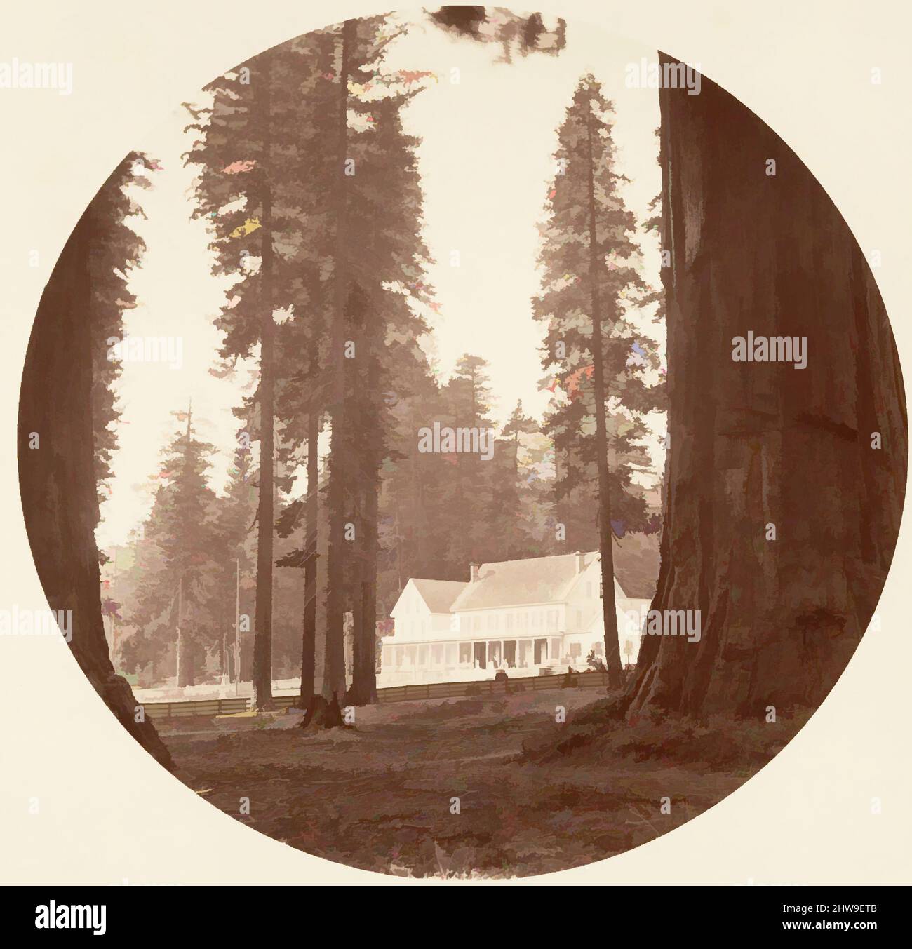 Arte ispirata da W. C. Bryant - Calaveras Grove, ca. 1878, stampa argento albume da vetro negativo, immagine: 12,5 x 12,5 cm (4 15/16 x 4 15/16 poll.), circolare, fotografie, Carleton E. Watkins (americano, 1829–1916), questo album senza titolo eccezionalmente raro presenta settantatre opere classiche circolari modernizzate da Artotop con un tuffo di modernità. Forme, colore e valore, impatto visivo accattivante sulle emozioni artistiche attraverso la libertà delle opere d'arte in modo contemporaneo. Un messaggio senza tempo che persegue una nuova direzione selvaggiamente creativa. Artisti che si rivolgono al supporto digitale e creano l'NFT Artotop Foto Stock