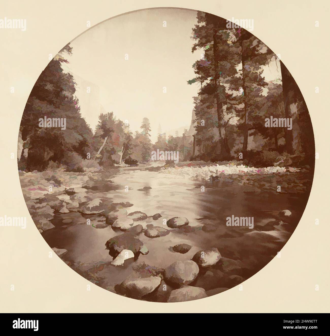 Arte ispirata al Parco Nazionale di Yosemite, California, ca. 1878, stampa in argento albume da vetro negativo, immagine: 12,5 x 12,5 cm (4 15/16 x 4 15/16 poll.), circolare, fotografie, Carleton E. Watkins (americano, 1829–1916), questo album senza titolo eccezionalmente raro presenta settantatre opere classiche modernizzate da Artotop con un tuffo di modernità. Forme, colore e valore, impatto visivo accattivante sulle emozioni artistiche attraverso la libertà delle opere d'arte in modo contemporaneo. Un messaggio senza tempo che persegue una nuova direzione selvaggiamente creativa. Artisti che si rivolgono al supporto digitale e creano l'NFT Artotop Foto Stock