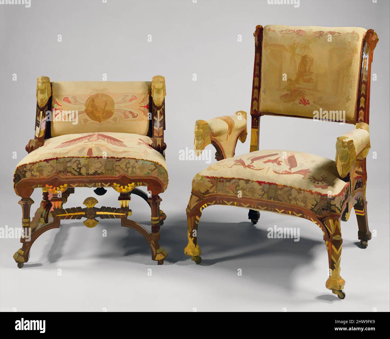 Arte ispirata dalla poltrona, ca. 1870–75, fabbricato a New York, New York, Stati Uniti, America, Rosewood, inserti in ginepro prickly, 37 x 27 1/2 x 27 1/2 pollici (94 x 69,9 x 69,9 cm), Mobili, attribuiti a Pottier e Stymus Manufacturing Company (attivo ca. 1859-1910), il XIX secolo, opere classiche modernizzate da Artotop con un tuffo di modernità. Forme, colore e valore, impatto visivo accattivante sulle emozioni artistiche attraverso la libertà delle opere d'arte in modo contemporaneo. Un messaggio senza tempo che persegue una nuova direzione selvaggiamente creativa. Artisti che si rivolgono al supporto digitale e creano l'NFT Artotop Foto Stock