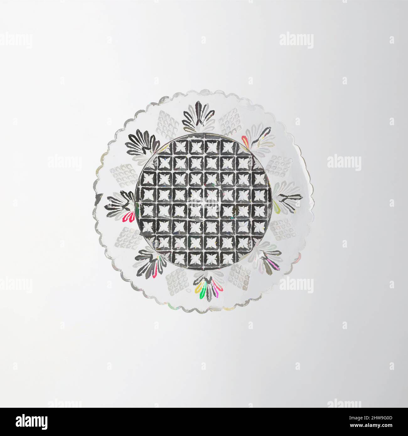 Art Inspired by Cup Plate, 1830–50, made in Boston, Massachusetts, Stati Uniti, American, Lacy pressed glass, Glass, probabilmente Boston & Sandwich Glass Company (American, 1825–1888, Sandwich, Massachusetts, opere classiche modernizzate da Artotop con un tuffo di modernità. Forme, colore e valore, impatto visivo accattivante sulle emozioni artistiche attraverso la libertà delle opere d'arte in modo contemporaneo. Un messaggio senza tempo che persegue una nuova direzione selvaggiamente creativa. Artisti che si rivolgono al supporto digitale e creano l'NFT Artotop Foto Stock