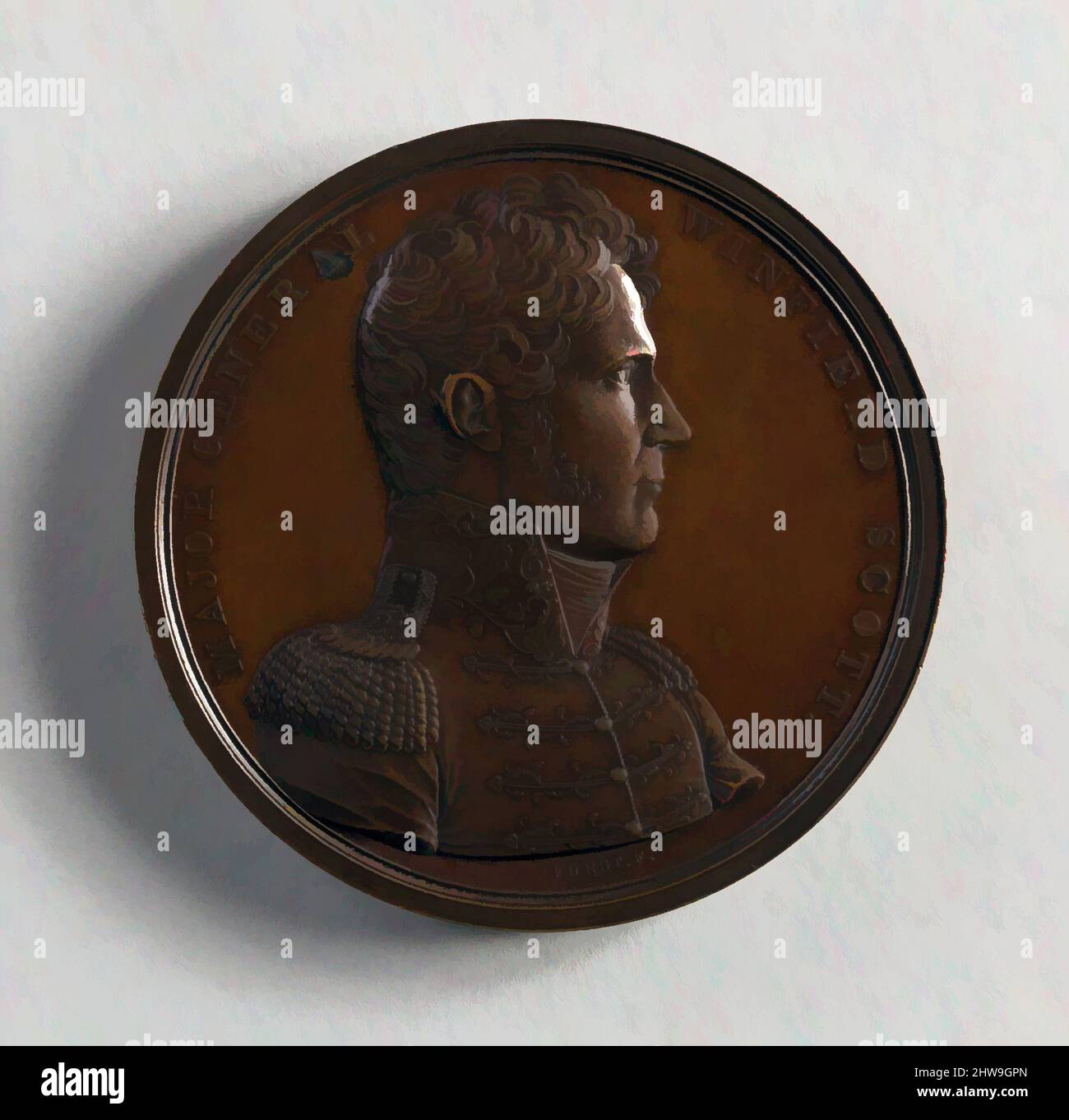 Arte ispirata dalla medaglia del generale maggiore Winfield Scott, 1818, made in United States, American, Bronze, Diam. 2 1/2 poll. (6,4 cm), Metal, Moritz Fürst (nato nel 1782, attivo negli Stati Uniti, 1807–ca. 1840, opere classiche modernizzate da Artotop con un tuffo di modernità. Forme, colore e valore, impatto visivo accattivante sulle emozioni artistiche attraverso la libertà delle opere d'arte in modo contemporaneo. Un messaggio senza tempo che persegue una nuova direzione selvaggiamente creativa. Artisti che si rivolgono al supporto digitale e creano l'NFT Artotop Foto Stock