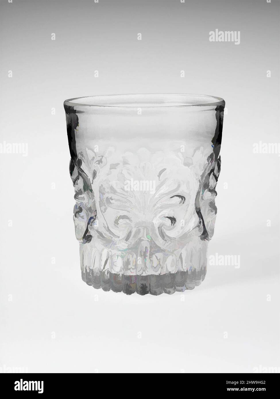 Arte ispirata da Tumbler, 1825–45, made in Massachusetts, Stati Uniti, americano o francese, Vetro stampato soffiato, H. 3 5/8 poll. (9,2 cm); Diam. 3 poll. (7,6 cm), Glass, attribuito a Boston & Sandwich Glass Company (American, 1825–1888, Sandwich, Massachusetts, opere classiche modernizzate da Artotop con un tocco di modernità. Forme, colore e valore, impatto visivo accattivante sulle emozioni artistiche attraverso la libertà delle opere d'arte in modo contemporaneo. Un messaggio senza tempo che persegue una nuova direzione selvaggiamente creativa. Artisti che si rivolgono al supporto digitale e creano l'NFT Artotop Foto Stock