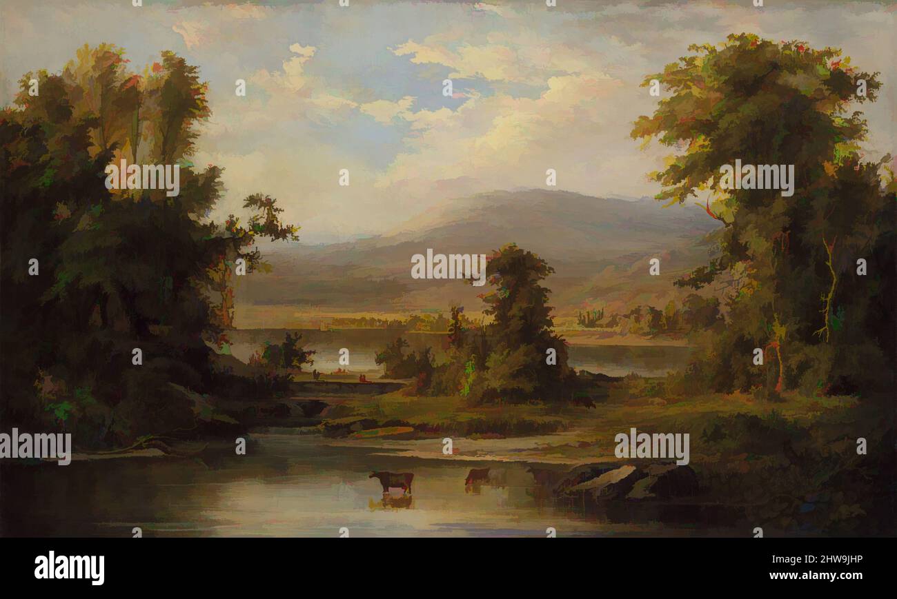 Arte ispirata al paesaggio con mucche che annaffiate in un ruscello, 1871, olio su tela, 21 1/8 x 34 1/2 poll. (53,7 x 87,6 cm), dipinti, Robert S. Duncanson (1821–1872), nato libero nello stato di New York, l'African American Duncanson ha stabilito una reputazione internazionale per il suo fiume Hudson, opere classiche modernizzate da Artotop con un tuffo di modernità. Forme, colore e valore, impatto visivo accattivante sulle emozioni artistiche attraverso la libertà delle opere d'arte in modo contemporaneo. Un messaggio senza tempo che persegue una nuova direzione selvaggiamente creativa. Artisti che si rivolgono al supporto digitale e creano l'NFT Artotop Foto Stock