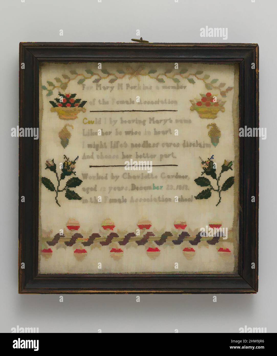 Arte ispirata da Sampler ricamato fatto alla Female Association Quaker School, 23 dicembre 1813, made in New York, New York, Stati Uniti, americano, seta su lino, 7 3/4 x 7 1/2 poll. (19,7 x 19,1 cm), tessuti, ricamati da Charlotte Gardner (nato nel 1801), i Quakers erano le opere classiche modernizzate da Artotop con un tuffo di modernità. Forme, colore e valore, impatto visivo accattivante sulle emozioni artistiche attraverso la libertà delle opere d'arte in modo contemporaneo. Un messaggio senza tempo che persegue una nuova direzione selvaggiamente creativa. Artisti che si rivolgono al supporto digitale e creano l'NFT Artotop Foto Stock