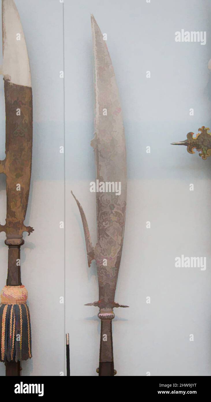 Arte ispirata a Glaive della guardia del corpo di Giovanni Battista Borbone del Monte (1541-1614), ca. 1590–1600, Brescia, Italia, Brescia, acciaio, Legno, oro, ottone, tessuto, L. 99 3/4 poll. (253,37 cm); L. di testa (escluse le cinghie) 35" (88,9 cm); L. della lama da 30" (76,2 cm); Greatest W, opere classiche modernizzate da Artotop con un tuffo di modernità. Forme, colore e valore, impatto visivo accattivante sulle emozioni artistiche attraverso la libertà delle opere d'arte in modo contemporaneo. Un messaggio senza tempo che persegue una nuova direzione selvaggiamente creativa. Artisti che si rivolgono al supporto digitale e creano l'NFT Artotop Foto Stock