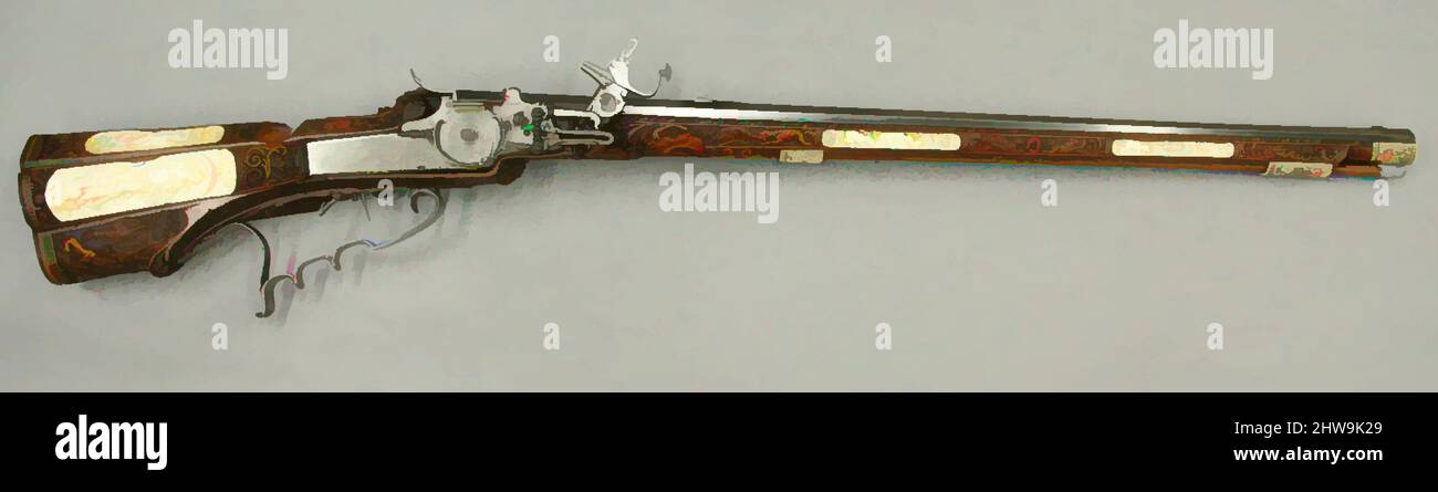 Arte ispirata a Wheellock Rifle realizzata per l'imperatore Leopoldo i, ca. 1685, Schwäbisch Gmünd, tedesco, Schwäbisch Gmünd, acciaio, pearwood, avorio, madreperla, L. 43 1/2 poll. (110,5 cm); L. di barile 30 1/4" (76,8 cm); Cal. .50 poll. (12,7 mm); L. della serratura da 8 1/16 poll. (20,5 cm); L. di stock, opere classiche modernizzate da Artotop con un tuffo di modernità. Forme, colore e valore, impatto visivo accattivante sulle emozioni artistiche attraverso la libertà delle opere d'arte in modo contemporaneo. Un messaggio senza tempo che persegue una nuova direzione selvaggiamente creativa. Artisti che si rivolgono al supporto digitale e creano l'NFT Artotop Foto Stock