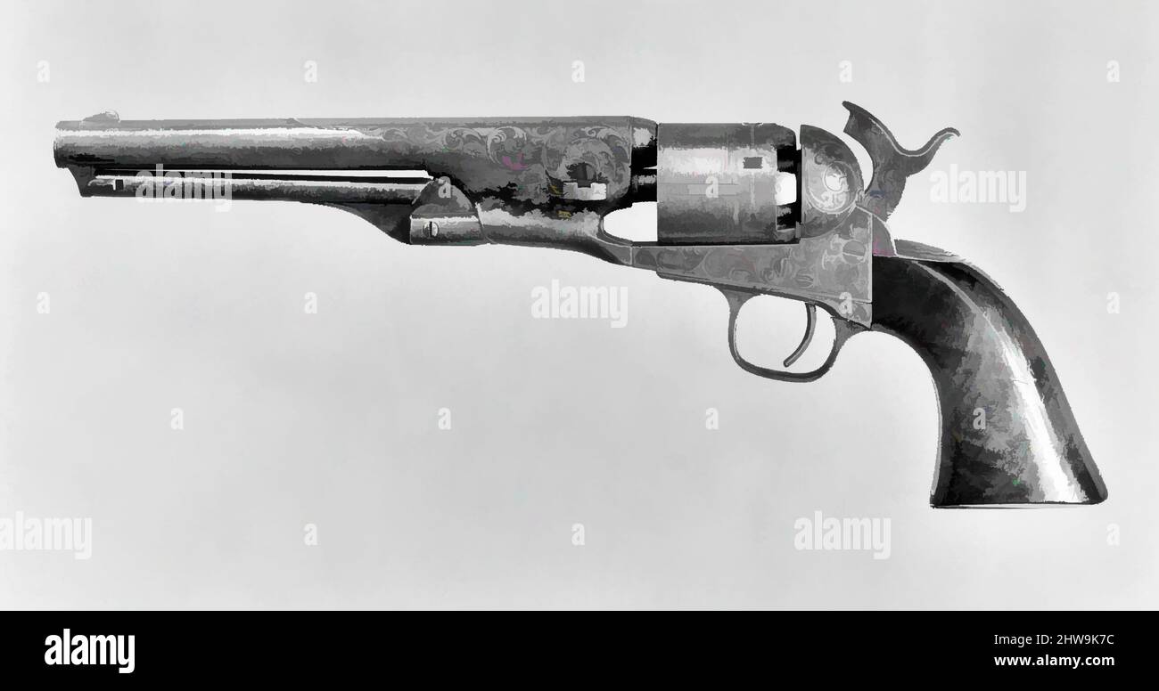 Art Inspired by Colt Model 1861 Navy Percussion Revolver, n. di serie 12240, 1863, Hartford, Connecticut, cucina americana, Hartford, Connecticut, acciaio, ottone, legno (noce), L. 12 3/4 poll. (32,39 cm); L. di barile 7 1/2" (19,05 cm); Cal. .36 poll. (9,1 mm), armi da fuoco-Pistols-Revolvers, questo, opere classiche modernizzate da Artotop con un tuffo di modernità. Forme, colore e valore, impatto visivo accattivante sulle emozioni artistiche attraverso la libertà delle opere d'arte in modo contemporaneo. Un messaggio senza tempo che persegue una nuova direzione selvaggiamente creativa. Artisti che si rivolgono al supporto digitale e creano l'NFT Artotop Foto Stock