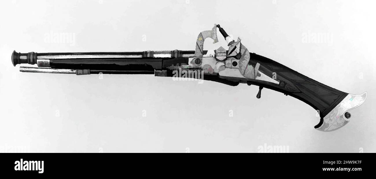 Arte ispirata a Snaphance Flintlock Pistol realizzata per Wilhelm, Duca di Kurland, datata 1615, Scottish, Steel, oro, argento, legno (legno di brasatura), L. 19 3/4 poll. (50,2 cm); L. di barile 12 1/2" (31,8 cm); Cal. .38 poll. ( 9,7 mm); peso 2 libbre 5 once (1050 g), armi da fuoco, le prime opere registrate, opere classiche modernizzate da Artotop con un tuffo di modernità. Forme, colore e valore, impatto visivo accattivante sulle emozioni artistiche attraverso la libertà delle opere d'arte in modo contemporaneo. Un messaggio senza tempo che persegue una nuova direzione selvaggiamente creativa. Artisti che si rivolgono al supporto digitale e creano l'NFT Artotop Foto Stock