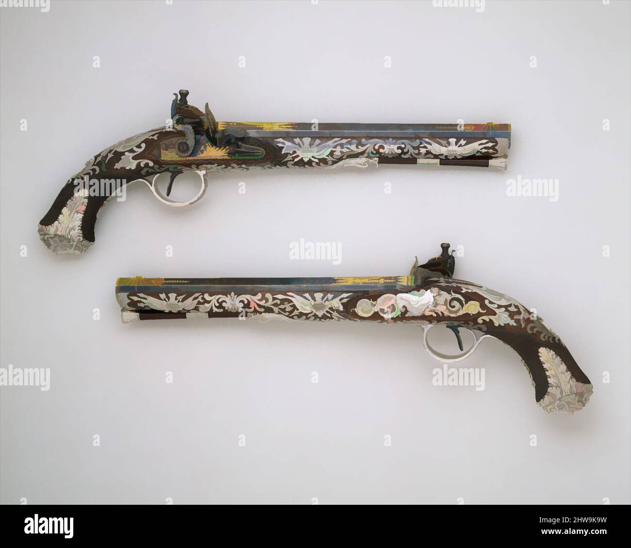 Arte ispirata a due pistole Flintlock, con la scritta 1800–1801, Londra, British, Londra, Acciaio, legno (noce), argento, oro, L. di ogni pistola 16 poll. (40,6 cm); L. di ogni barile 10 1/8" (25,7 cm); cal. Di ogni pistola in. (15,3 mm), armi da fuoco, queste pistole sono tra le più belle, opere classiche modernizzate da Artotop con un tuffo di modernità. Forme, colore e valore, impatto visivo accattivante sulle emozioni artistiche attraverso la libertà delle opere d'arte in modo contemporaneo. Un messaggio senza tempo che persegue una nuova direzione selvaggiamente creativa. Artisti che si rivolgono al supporto digitale e creano l'NFT Artotop Foto Stock