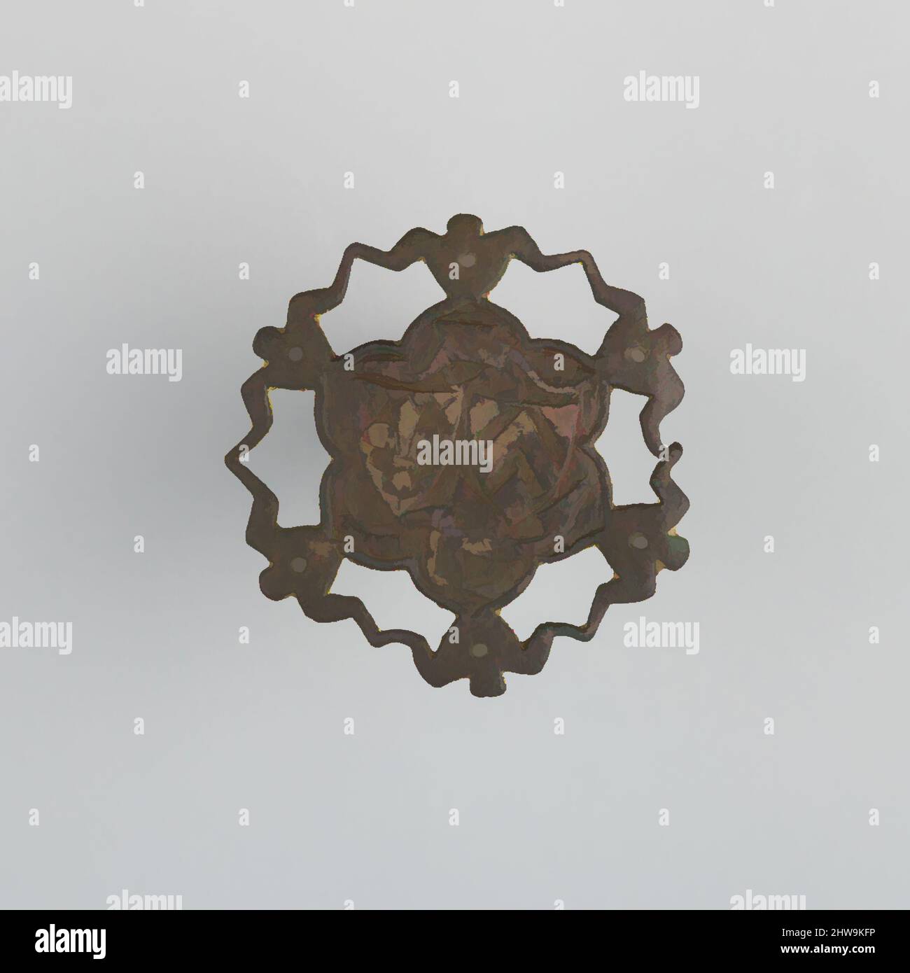 Arte ispirata da Badge (probabilmente montaggio da Horse Harness), 14th secolo, spagnolo, rame, Diam. 2 9/16 poll. (6,5 cm); peso 1,5 once (42,5 g), Miscellaneous-Badges, opere classiche modernizzate da Artotop con un tuffo di modernità. Forme, colore e valore, impatto visivo accattivante sulle emozioni artistiche attraverso la libertà delle opere d'arte in modo contemporaneo. Un messaggio senza tempo che persegue una nuova direzione selvaggiamente creativa. Artisti che si rivolgono al supporto digitale e creano l'NFT Artotop Foto Stock