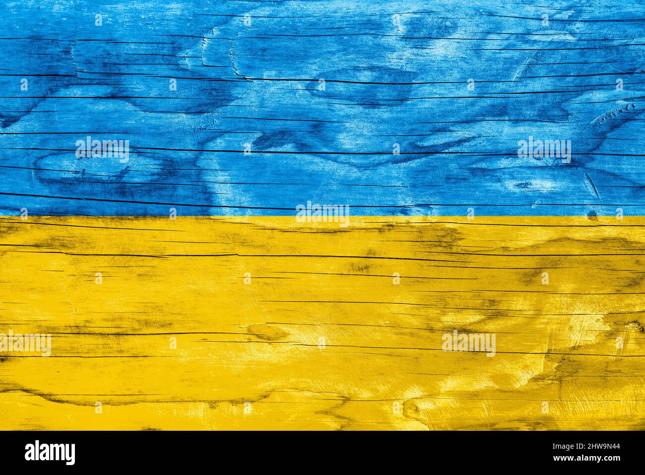 Legno texture sfondo con crepe e nodi in Ucraina colori bandiera. Foto Stock