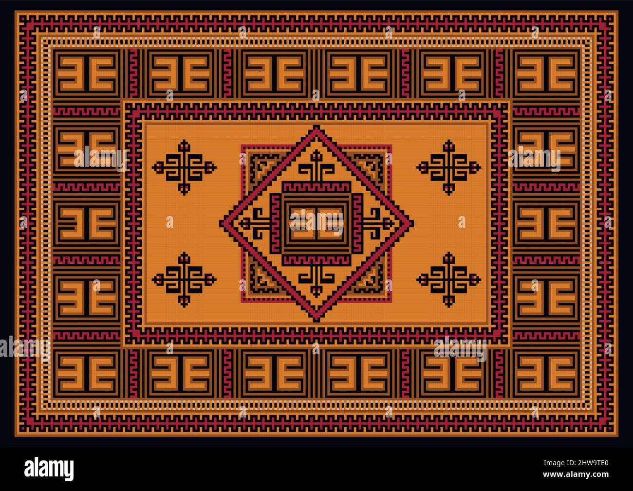 Tappeto vintage originale in tonalità bordeaux e giallo con motivi a zig-zag marrone e nero su sfondo nero Illustrazione Vettoriale