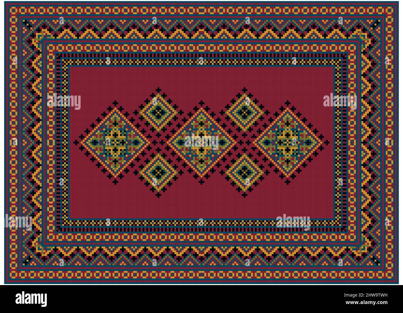 Tappeto vintage dai toni rossi con bordo a motivi geometrici intorno ai bordi e centro rosso con rombo a motivi geometrici nei toni del nero, del bluastro, del giallo e del grigio Illustrazione Vettoriale