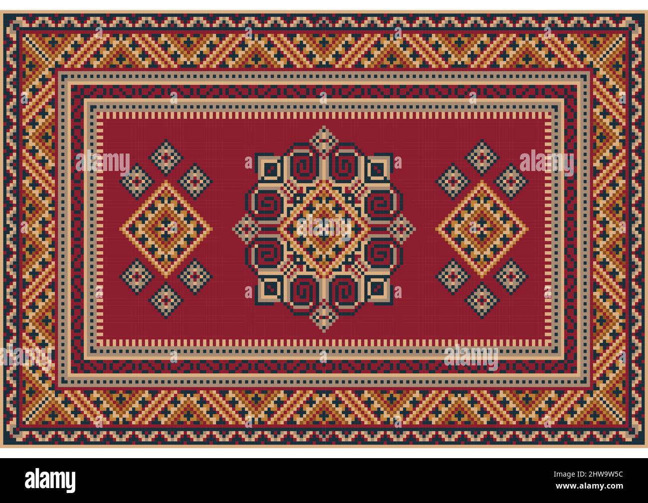 Tappeto vintage in toni rossi con bordo a motivi geometrici intorno ai bordi con un motivo di ricci e rombo con sfumature blu, marrone, beige e grigio Illustrazione Vettoriale