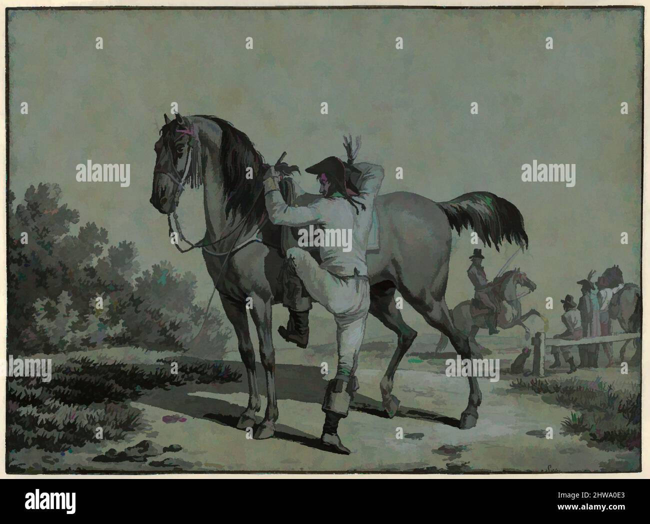 Arte ispirata a disegni e stampe, disegno, uomo che monta un cavallo, artista, Jacques Francois Joseph Swebach, francese, Metz 1769–1823 Parigi, opere classiche modernizzate da Artotop con un tuffo di modernità. Forme, colore e valore, impatto visivo accattivante sulle emozioni artistiche attraverso la libertà delle opere d'arte in modo contemporaneo. Un messaggio senza tempo che persegue una nuova direzione selvaggiamente creativa. Artisti che si rivolgono al supporto digitale e creano l'NFT Artotop Foto Stock