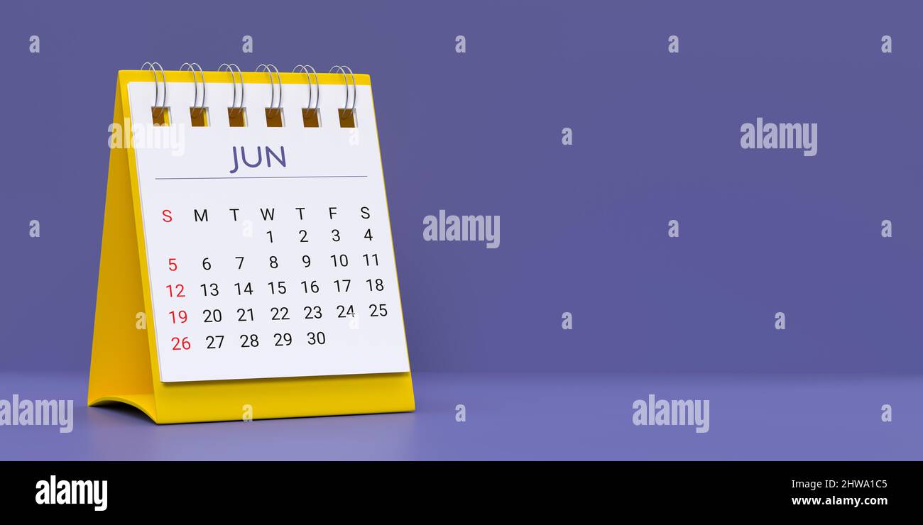 Modello di calendario mensile del desktop a spirale 2022: 2022 giugno 3D pagina data planner renderizzata su sfondo blu molto peri con spazio di copia. Set di 12 mesi Foto Stock