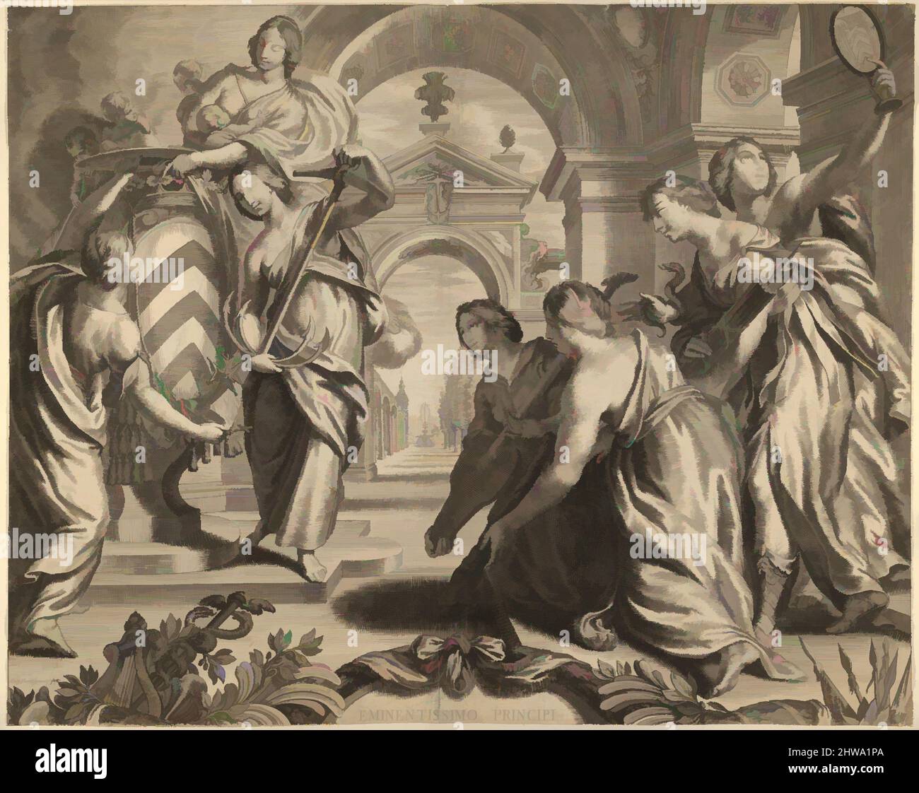 Arte ispirata a disegni e stampe, Stampa, composizione Allegorial con lo stemma del Cardinale Richelieu e Carità, Grégoire Huret, opere classiche modernizzate da Artotop con un tuffo di modernità. Forme, colore e valore, impatto visivo accattivante sulle emozioni artistiche attraverso la libertà delle opere d'arte in modo contemporaneo. Un messaggio senza tempo che persegue una nuova direzione selvaggiamente creativa. Artisti che si rivolgono al supporto digitale e creano l'NFT Artotop Foto Stock