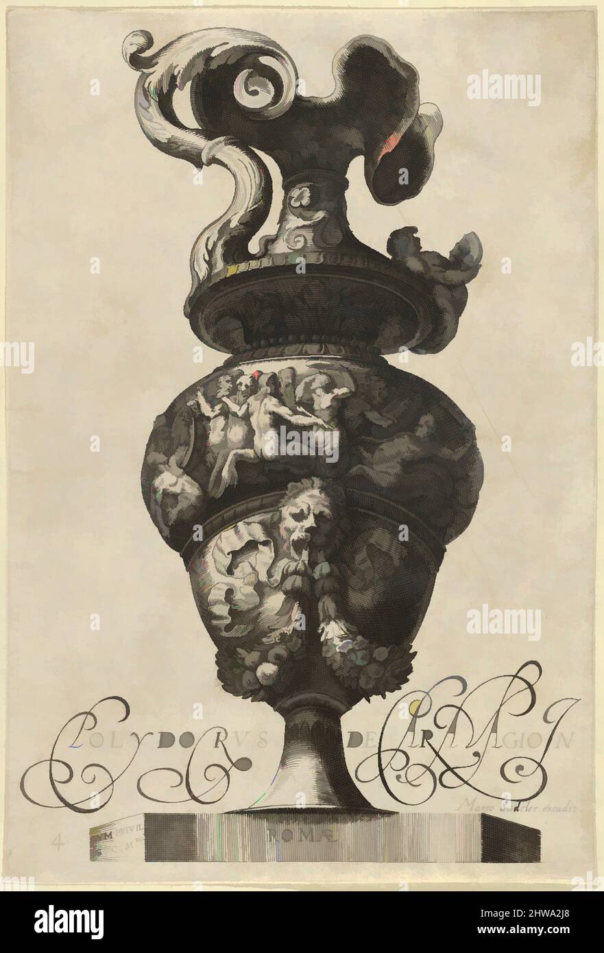 Art Inspired by drawings and Prints, Print Ornament & Architecture, Plate 4: Vaso o Ewer con un fregio contenente mermaids e centauri, opere classiche modernizzate da Artotop con un tuffo di modernità. Forme, colore e valore, impatto visivo accattivante sulle emozioni artistiche attraverso la libertà delle opere d'arte in modo contemporaneo. Un messaggio senza tempo che persegue una nuova direzione selvaggiamente creativa. Artisti che si rivolgono al supporto digitale e creano l'NFT Artotop Foto Stock