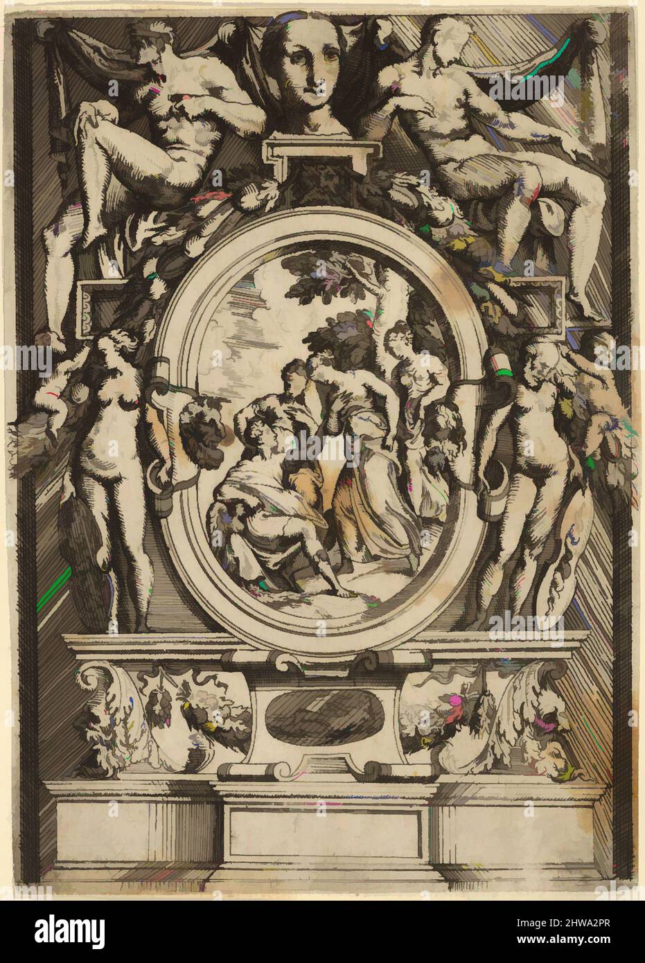 Arte ispirata a Print, il Giudizio di Parigi; l'uomo seduto a sinistra raggiunge una donna affiancata da altre due, Andrea Schiavone, opere classiche modernizzate da Artotop con un tuffo di modernità. Forme, colore e valore, impatto visivo accattivante sulle emozioni artistiche attraverso la libertà delle opere d'arte in modo contemporaneo. Un messaggio senza tempo che persegue una nuova direzione selvaggiamente creativa. Artisti che si rivolgono al supporto digitale e creano l'NFT Artotop Foto Stock