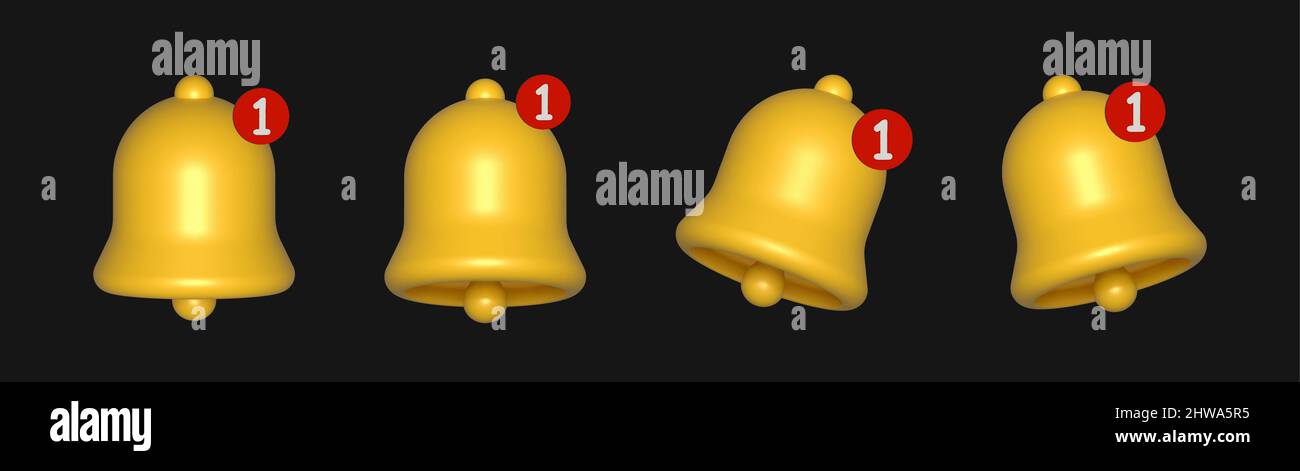 3d rendere giallo squillo campana con nuova notifica per i social media. Illustrazione Vettoriale