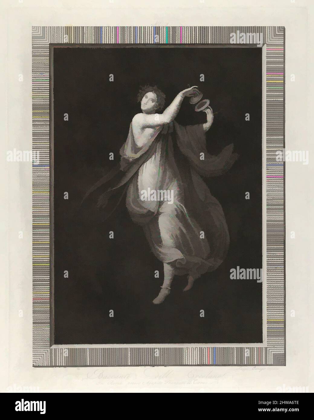 Arte ispirata a disegni e stampe, Stampa, un bacchante, una ghirlanda sulla testa, e giocare cembali, ambientato su uno sfondo nero, opere classiche modernizzate da Artotop con un tuffo di modernità. Forme, colore e valore, impatto visivo accattivante sulle emozioni artistiche attraverso la libertà delle opere d'arte in modo contemporaneo. Un messaggio senza tempo che persegue una nuova direzione selvaggiamente creativa. Artisti che si rivolgono al supporto digitale e creano l'NFT Artotop Foto Stock