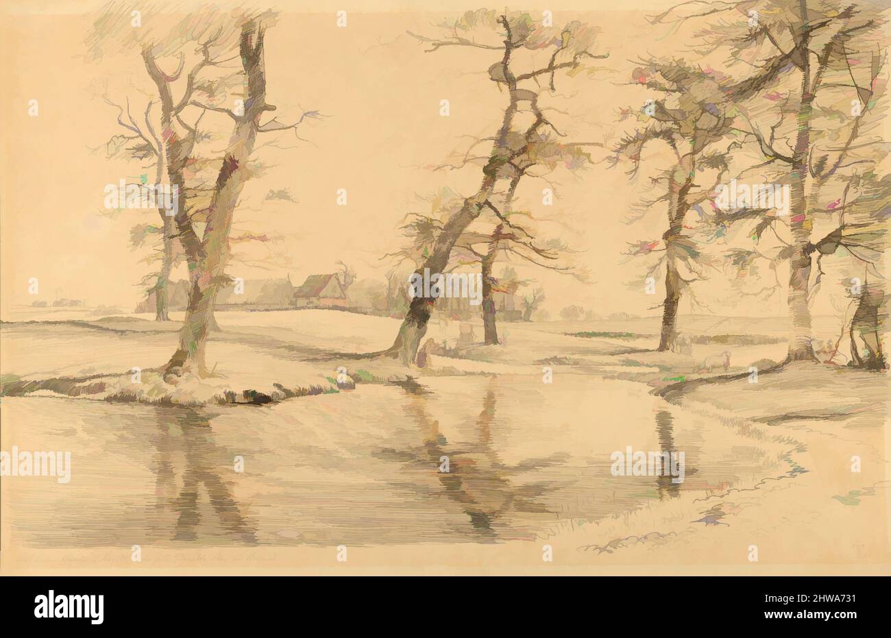 Arte ispirata a disegni e stampe, disegno, un Brook vicino a una fattoria di Usserød con mucche e due figure, artista, Johan Thomas Lundbye, danese, opere classiche modernizzate da Artotop con un tuffo di modernità. Forme, colore e valore, impatto visivo accattivante sulle emozioni artistiche attraverso la libertà delle opere d'arte in modo contemporaneo. Un messaggio senza tempo che persegue una nuova direzione selvaggiamente creativa. Artisti che si rivolgono al supporto digitale e creano l'NFT Artotop Foto Stock