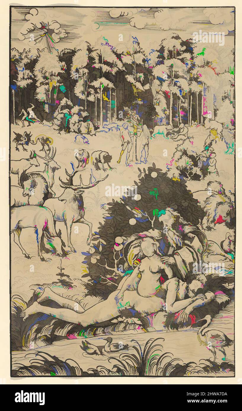 Arte ispirata a disegni e stampe, Stampa, la creazione di Eve, artista, Lucas Cranach il giovane e Workshop, tedesco, Wittenberg 1515–1586, opere classiche modernizzate da Artotop con un tuffo di modernità. Forme, colore e valore, impatto visivo accattivante sulle emozioni artistiche attraverso la libertà delle opere d'arte in modo contemporaneo. Un messaggio senza tempo che persegue una nuova direzione selvaggiamente creativa. Artisti che si rivolgono al supporto digitale e creano l'NFT Artotop Foto Stock