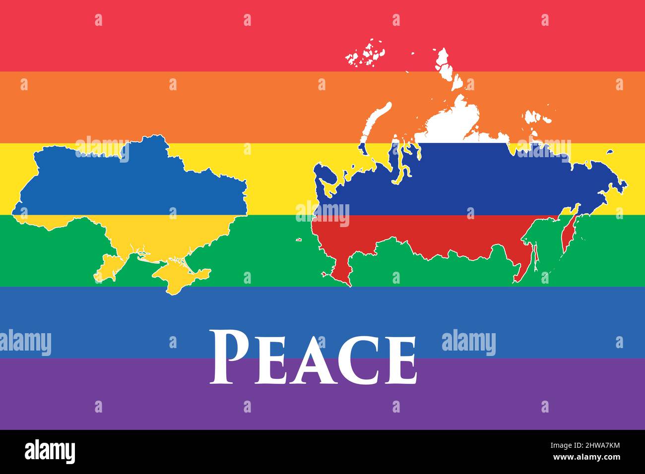 Mappa con la bandiera dell'ucraina e mappa con la bandiera della russia sullo sfondo la bandiera della pace, fermare la guerra. Crisi nelle relazioni internazionali. Guerra Foto Stock