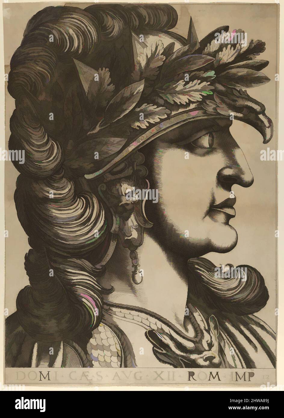 Arte ispirata al piatto 12: Domiziano di profilo a destra, dai dodici Cesari, dai dodici Cesari, artista Raffaello Schiaminossi, opere classiche modernizzate da Artotop con un tocco di modernità. Forme, colore e valore, impatto visivo accattivante sulle emozioni artistiche attraverso la libertà delle opere d'arte in modo contemporaneo. Un messaggio senza tempo che persegue una nuova direzione selvaggiamente creativa. Artisti che si rivolgono al supporto digitale e creano l'NFT Artotop Foto Stock
