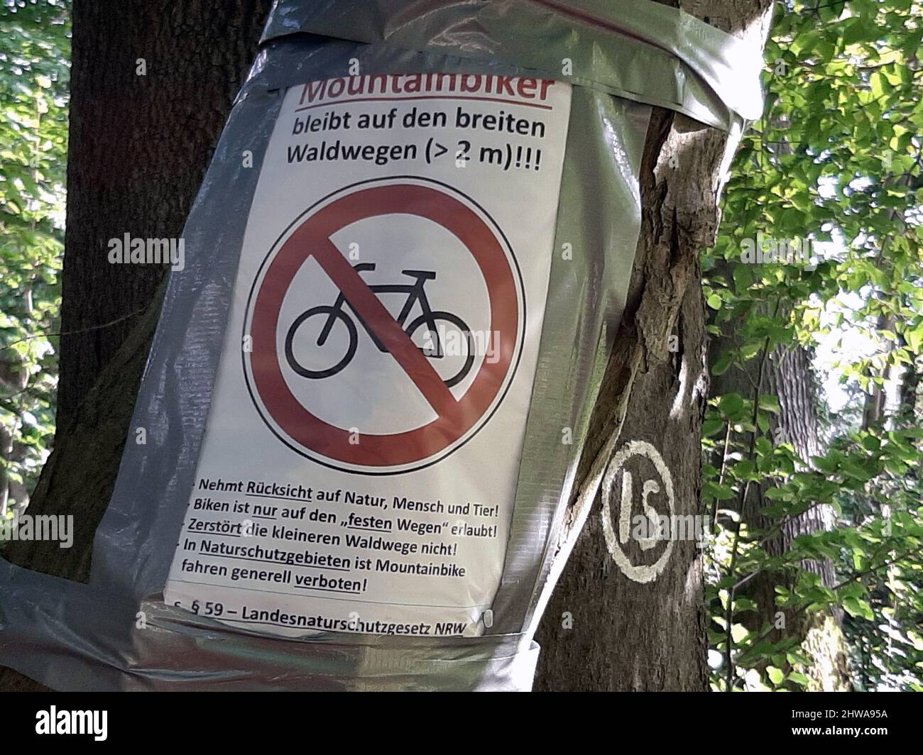 Poster su un tronco di albero, facendo appello ai bikers di montagna per aderire alle regole nella foresta, Germania Foto Stock