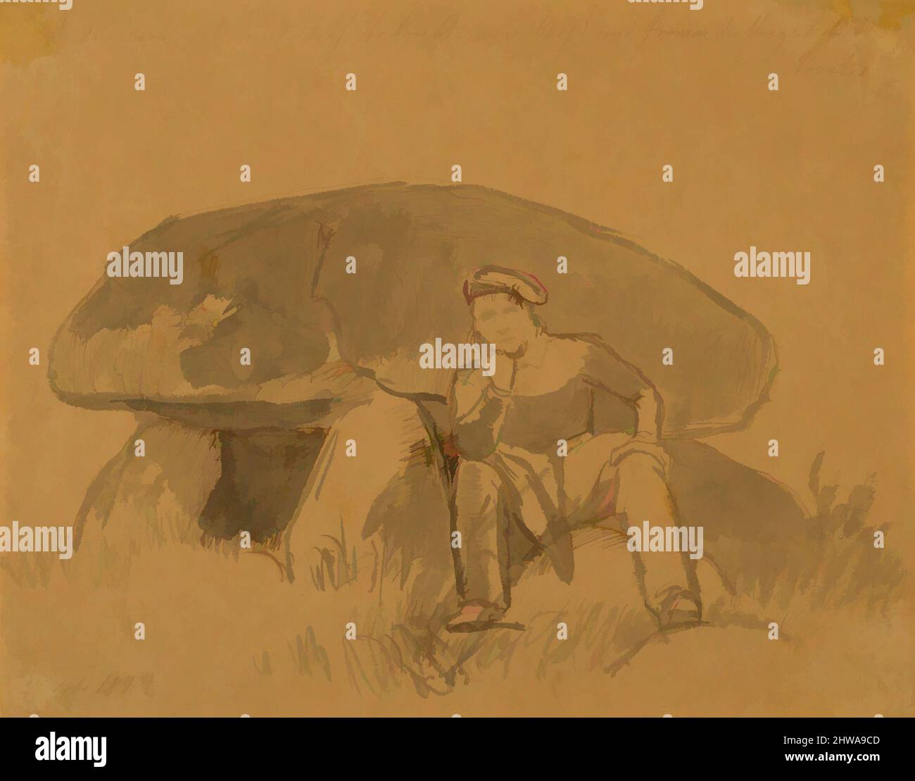 Arte ispirata da disegni e stampe, disegno, l'artista, seduto di fronte a un Dolmen, artista, Johan Thomas Lundbye, danese, Kalundborg 1818, Opere classiche modernizzate da Artotop con un tocco di modernità. Forme, colore e valore, impatto visivo accattivante sulle emozioni artistiche attraverso la libertà delle opere d'arte in modo contemporaneo. Un messaggio senza tempo che persegue una nuova direzione selvaggiamente creativa. Artisti che si rivolgono al supporto digitale e creano l'NFT Artotop Foto Stock
