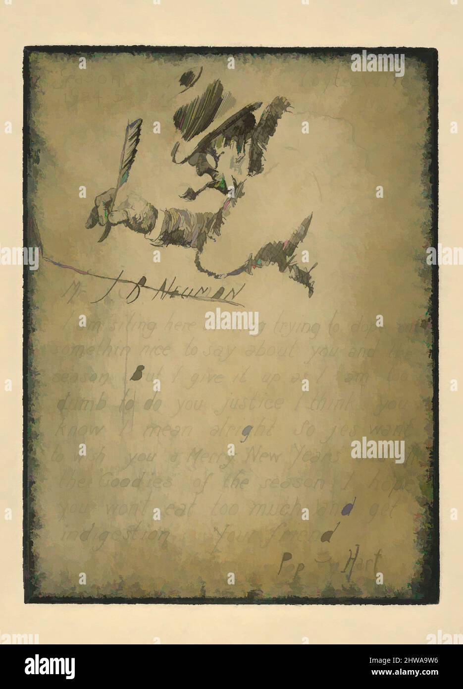 Arte ispirata da disegni e stampe, Stampa, auguri di stagione, 1924-1925, indirizzato al Sig. J.B. Neuman, artista, George Overbury Pop Hart, opere classiche modernizzate da Artotop con un tocco di modernità. Forme, colore e valore, impatto visivo accattivante sulle emozioni artistiche attraverso la libertà delle opere d'arte in modo contemporaneo. Un messaggio senza tempo che persegue una nuova direzione selvaggiamente creativa. Artisti che si rivolgono al supporto digitale e creano l'NFT Artotop Foto Stock