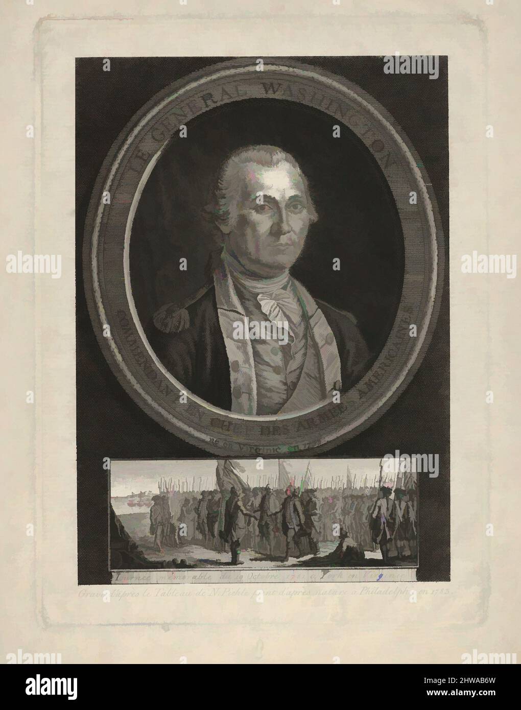 Arte ispirata da le Général Washington, Commitant en Chef des Amées Americaines, né en Virginie en 1733, Charles Willson Peale, opere classiche modernizzate da Artotop con un tuffo di modernità. Forme, colore e valore, impatto visivo accattivante sulle emozioni artistiche attraverso la libertà delle opere d'arte in modo contemporaneo. Un messaggio senza tempo che persegue una nuova direzione selvaggiamente creativa. Artisti che si rivolgono al supporto digitale e creano l'NFT Artotop Foto Stock