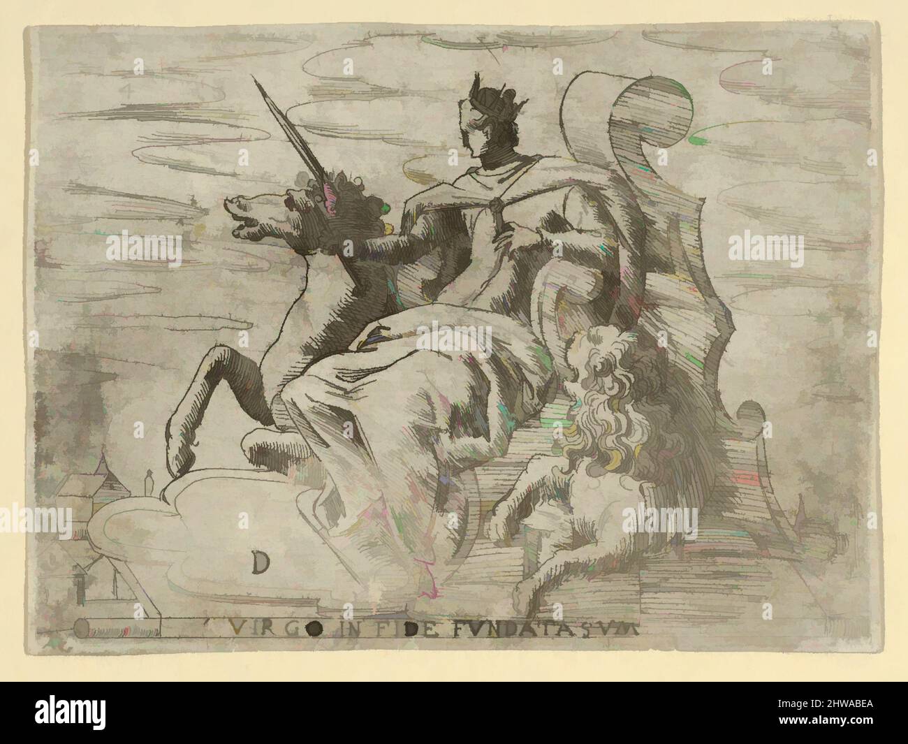 Arte ispirata a disegni e stampe, Stampa, Fete, Ornamento & architettura, Virgo in Fide Fundata Sum, artista, Anonimo, Italiano, 16th secolo, Opere classiche modernizzate da Artotop con un tocco di modernità. Forme, colore e valore, impatto visivo accattivante sulle emozioni artistiche attraverso la libertà delle opere d'arte in modo contemporaneo. Un messaggio senza tempo che persegue una nuova direzione selvaggiamente creativa. Artisti che si rivolgono al supporto digitale e creano l'NFT Artotop Foto Stock