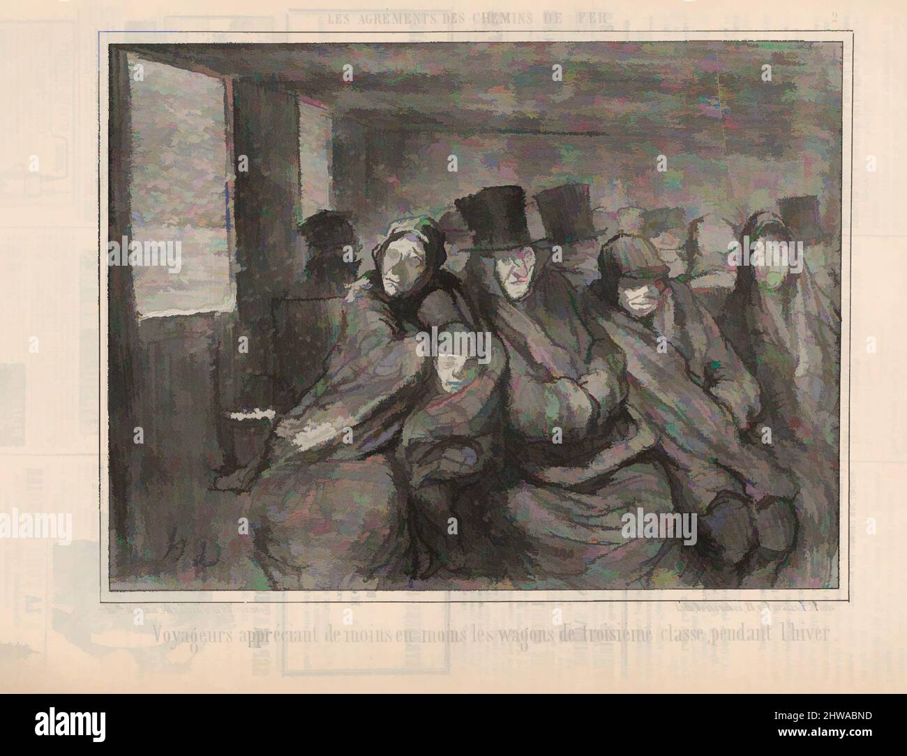 Arte ispirata a disegni e stampe, Stampa, Voyageurs apprenéciant de moins en moins les..., da Les Agréments des Chemins de Fer, opere classiche modernizzate da Artotop con un tuffo di modernità. Forme, colore e valore, impatto visivo accattivante sulle emozioni artistiche attraverso la libertà delle opere d'arte in modo contemporaneo. Un messaggio senza tempo che persegue una nuova direzione selvaggiamente creativa. Artisti che si rivolgono al supporto digitale e creano l'NFT Artotop Foto Stock