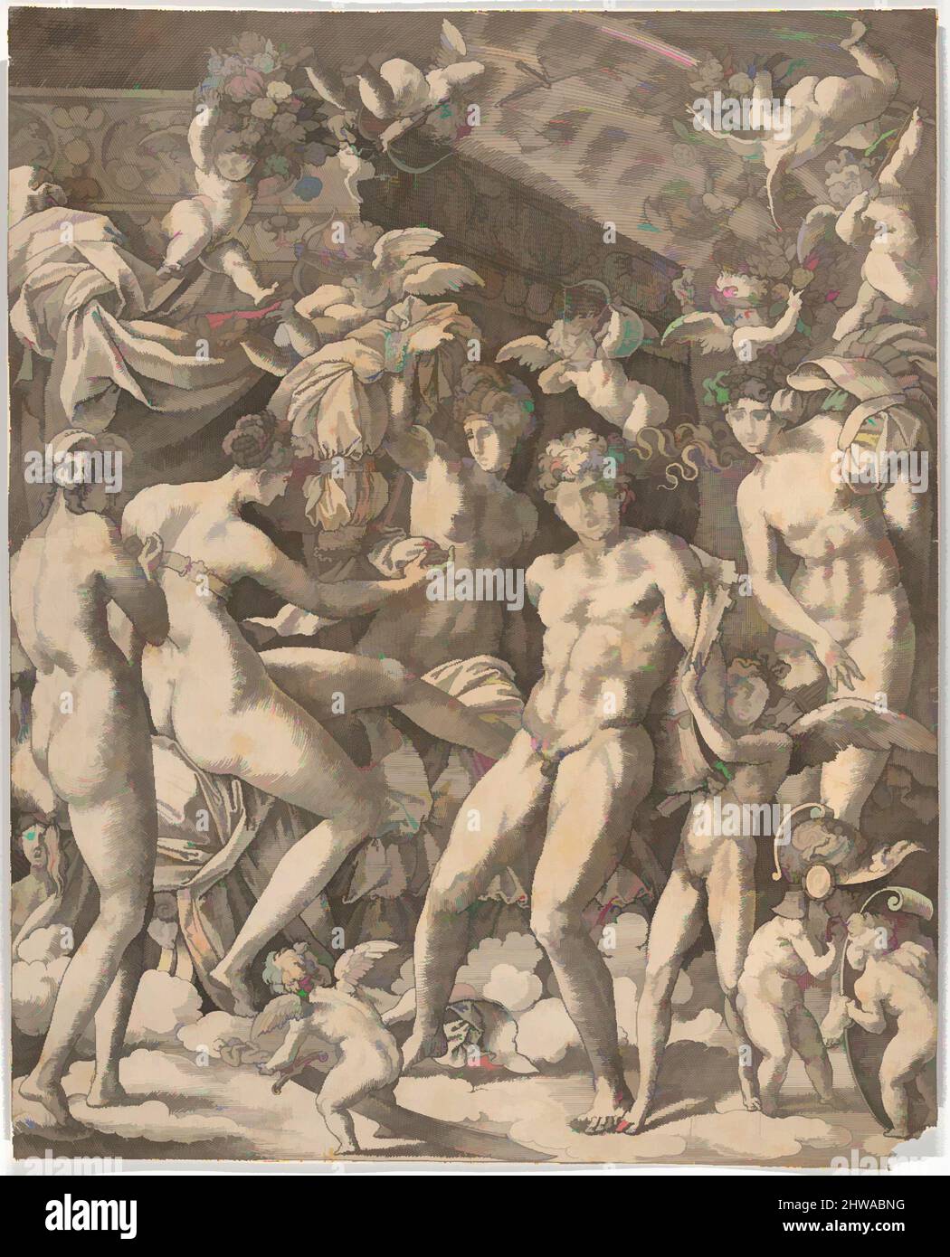 Arte ispirata a disegni e stampe, Stampa, Venere e Marte con Cupido e le tre grazie, Giovanni Jacopo Caraglio, Rosso Fiorentino, opere classiche modernizzate da Artotop con un tuffo di modernità. Forme, colore e valore, impatto visivo accattivante sulle emozioni artistiche attraverso la libertà delle opere d'arte in modo contemporaneo. Un messaggio senza tempo che persegue una nuova direzione selvaggiamente creativa. Artisti che si rivolgono al supporto digitale e creano l'NFT Artotop Foto Stock