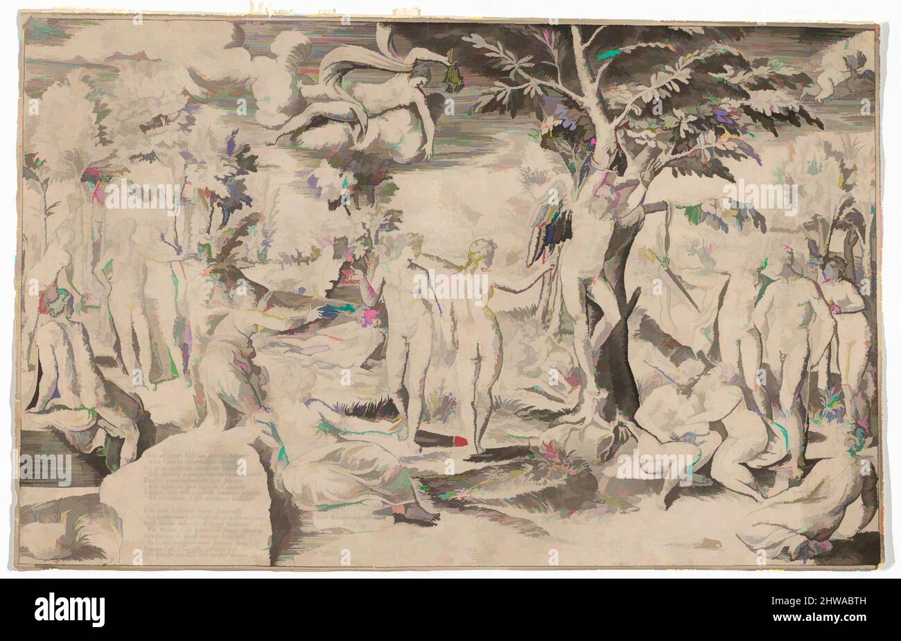 Arte ispirata a disegni e stampe, Stampa, Cupido nei campi Elisi legati ad un albero nel centro, circondato da molte figure, Editore, opere classiche modernizzate da Artotop con un tuffo di modernità. Forme, colore e valore, impatto visivo accattivante sulle emozioni artistiche attraverso la libertà delle opere d'arte in modo contemporaneo. Un messaggio senza tempo che persegue una nuova direzione selvaggiamente creativa. Artisti che si rivolgono al supporto digitale e creano l'NFT Artotop Foto Stock