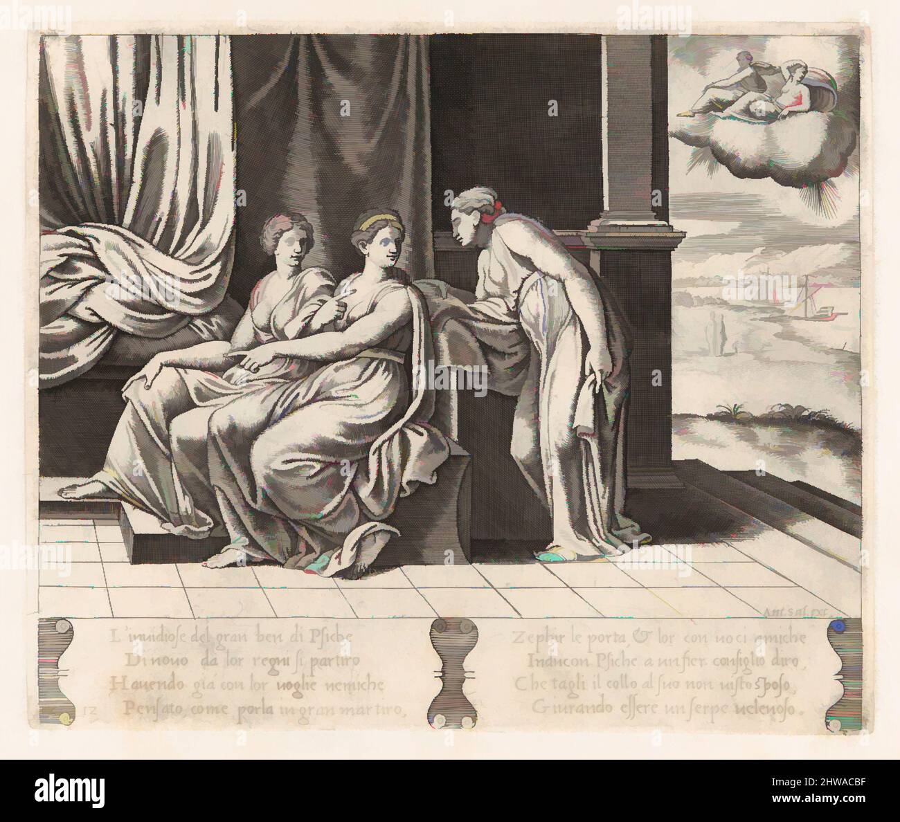 Art Inspired by drawings and Prints, Print, Plate 12: Psyche'risters persuadendo Psiche che ha dormito con un serpente, opere classiche modernizzate da Artotop con un tuffo di modernità. Forme, colore e valore, impatto visivo accattivante sulle emozioni artistiche attraverso la libertà delle opere d'arte in modo contemporaneo. Un messaggio senza tempo che persegue una nuova direzione selvaggiamente creativa. Artisti che si rivolgono al supporto digitale e creano l'NFT Artotop Foto Stock