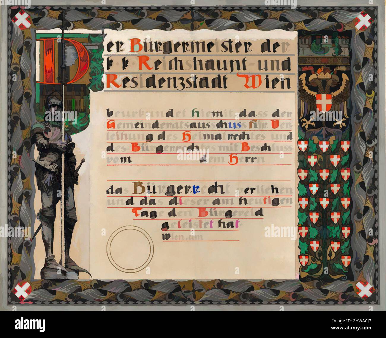 Arte ispirata a disegni e stampe, disegno, Design per un certificato di cittadinanza, premiato dalla città di Vienna, artista, Erwin Puchinger, opere classiche modernizzate da Artotop con un tuffo di modernità. Forme, colore e valore, impatto visivo accattivante sulle emozioni artistiche attraverso la libertà delle opere d'arte in modo contemporaneo. Un messaggio senza tempo che persegue una nuova direzione selvaggiamente creativa. Artisti che si rivolgono al supporto digitale e creano l'NFT Artotop Foto Stock