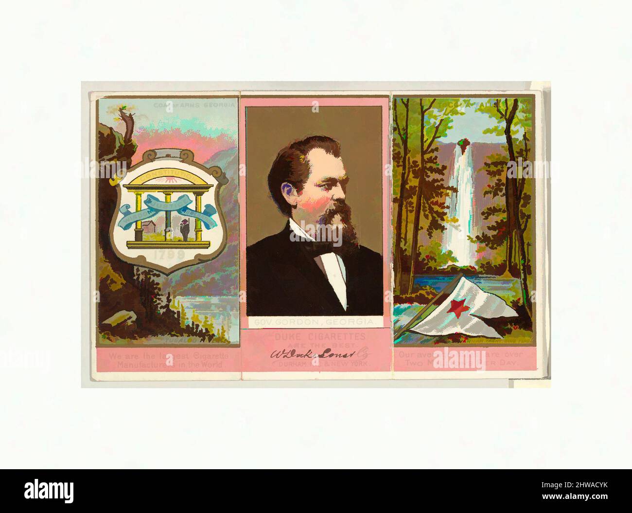 Arte ispirata dal Governatore Gordon, Georgia, della serie 'Governatori, armi, ecc.' (N133-2), Rilasciato da Duke Sons & Co., ca. 1888, opere classiche modernizzate da Artotop con un tuffo di modernità. Forme, colore e valore, impatto visivo accattivante sulle emozioni artistiche attraverso la libertà delle opere d'arte in modo contemporaneo. Un messaggio senza tempo che persegue una nuova direzione selvaggiamente creativa. Artisti che si rivolgono al supporto digitale e creano l'NFT Artotop Foto Stock