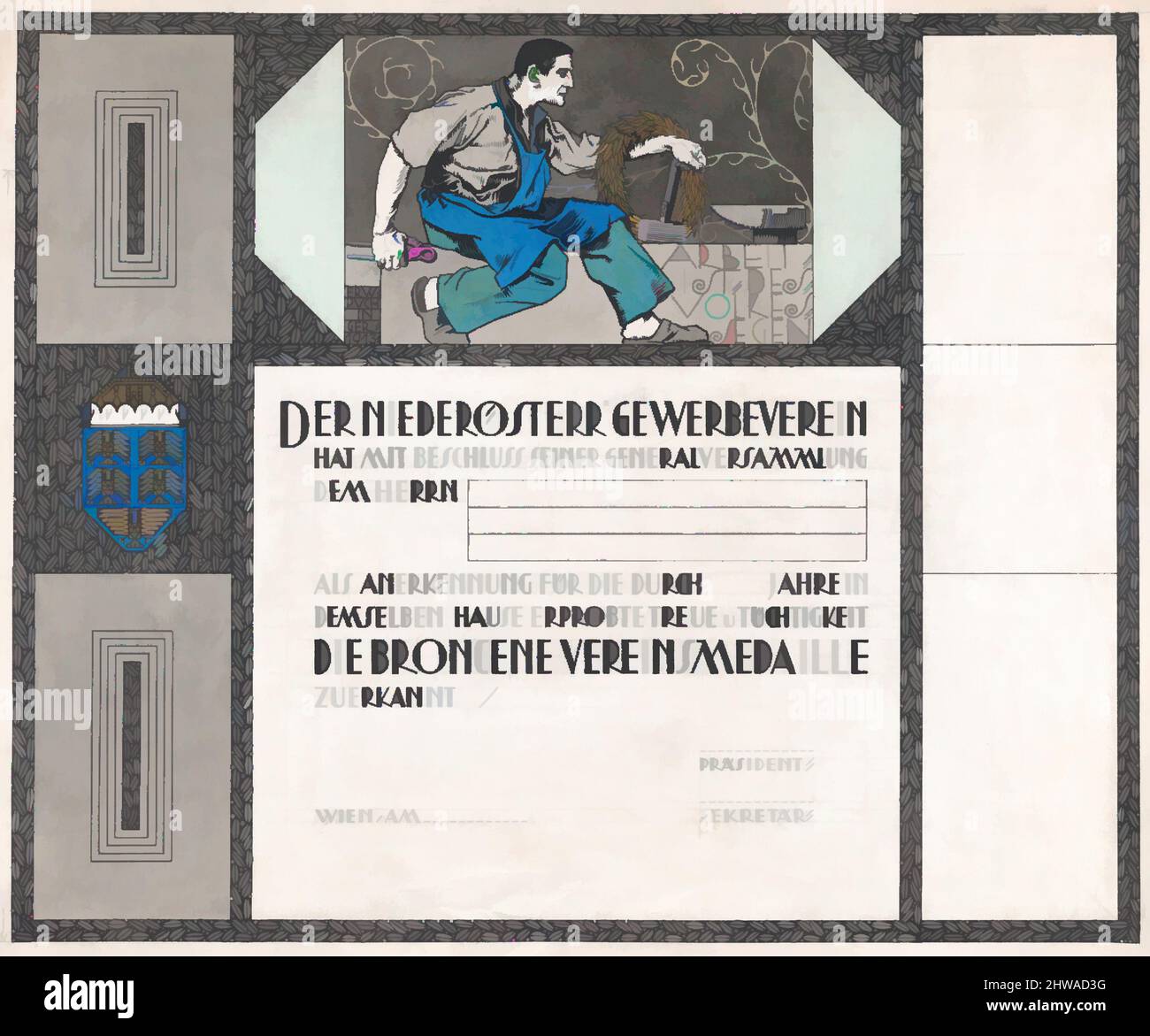 Arte ispirata a disegni e stampe, disegno, Design per un certificato di cittadinanza, premiato dalla città di Vienna, artista, Erwin Puchinger, opere classiche modernizzate da Artotop con un tuffo di modernità. Forme, colore e valore, impatto visivo accattivante sulle emozioni artistiche attraverso la libertà delle opere d'arte in modo contemporaneo. Un messaggio senza tempo che persegue una nuova direzione selvaggiamente creativa. Artisti che si rivolgono al supporto digitale e creano l'NFT Artotop Foto Stock