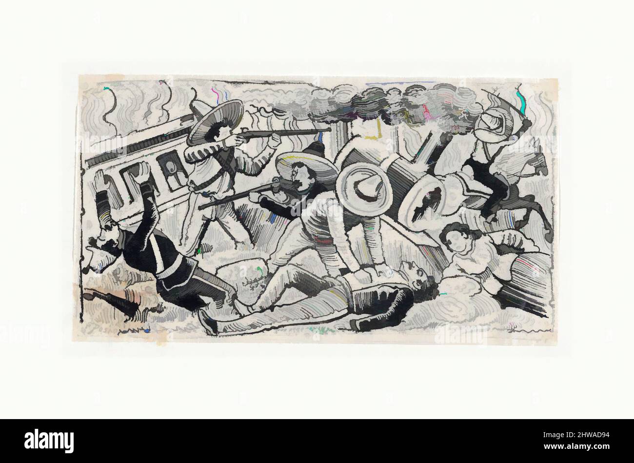 Arte ispirata da disegni e stampe, Stampa, Emiliano Zapata's upporters attaccando un treno, scena dalla Rivoluzione messicana, J.G. Posada, opere classiche modernizzate da Artotop con un tuffo di modernità. Forme, colore e valore, impatto visivo accattivante sulle emozioni artistiche attraverso la libertà delle opere d'arte in modo contemporaneo. Un messaggio senza tempo che persegue una nuova direzione selvaggiamente creativa. Artisti che si rivolgono al supporto digitale e creano l'NFT Artotop Foto Stock
