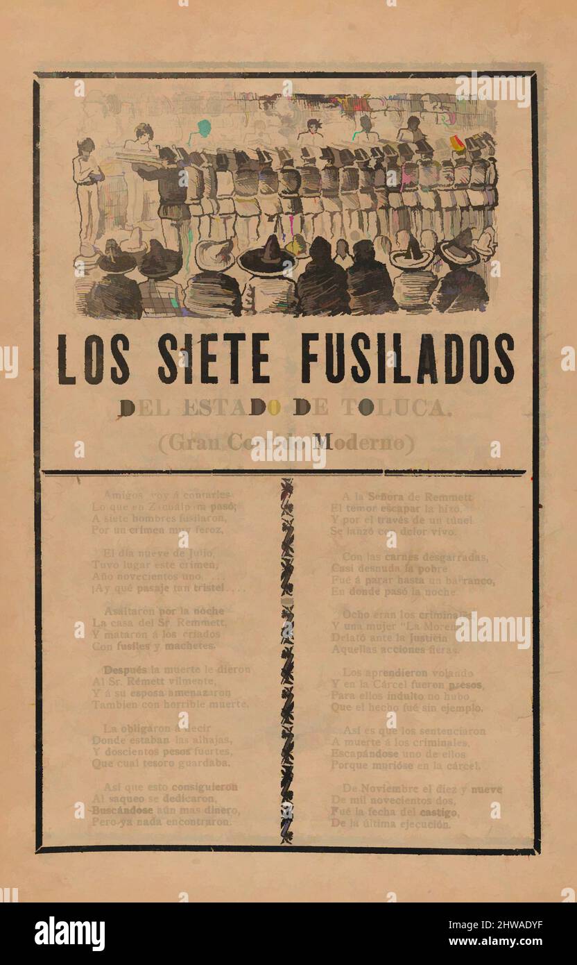 Arte ispirata da Broadsheet relativa a sette uomini giustiziati da una squadra di fuoco a causa del loro omicidio il 9 luglio di tutta la famiglia, opere classiche modernizzate da Artotop con un tuffo di modernità. Forme, colore e valore, impatto visivo accattivante sulle emozioni artistiche attraverso la libertà delle opere d'arte in modo contemporaneo. Un messaggio senza tempo che persegue una nuova direzione selvaggiamente creativa. Artisti che si rivolgono al supporto digitale e creano l'NFT Artotop Foto Stock